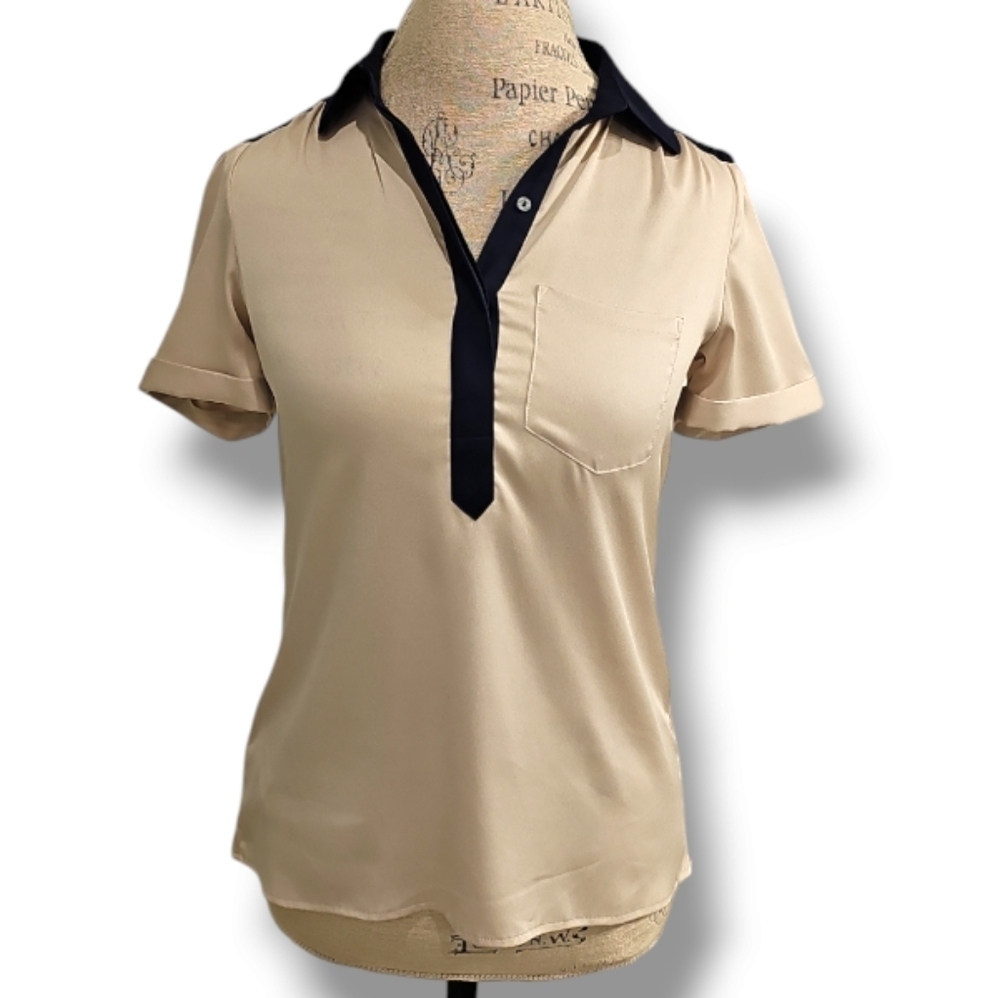 Ann Taylor Champagne And Navy Blue Trim Pullover Short Sleeve Blouse - Size XS